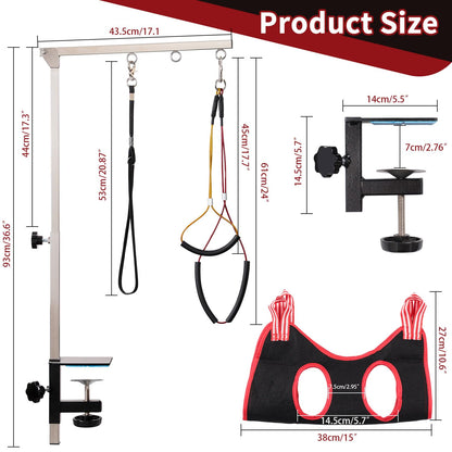 Dog Grooming Table Arm with Hammock - Adjustable Height, Pet Grooming Hammock, No Sit Haunch Holders, Loop Noose Heavy-Duty Clamp (Stainless Steel)