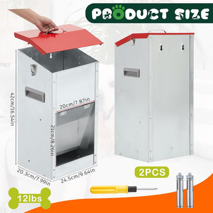 2 Pcs 12 Lbs Large Automatic Dog Feeders with Handle Acrylic Panel Galvanized Gravity Feeder Outdoor Hanging for Doggie Breed Dog Food Dispenser Container(Red, No Wheels)