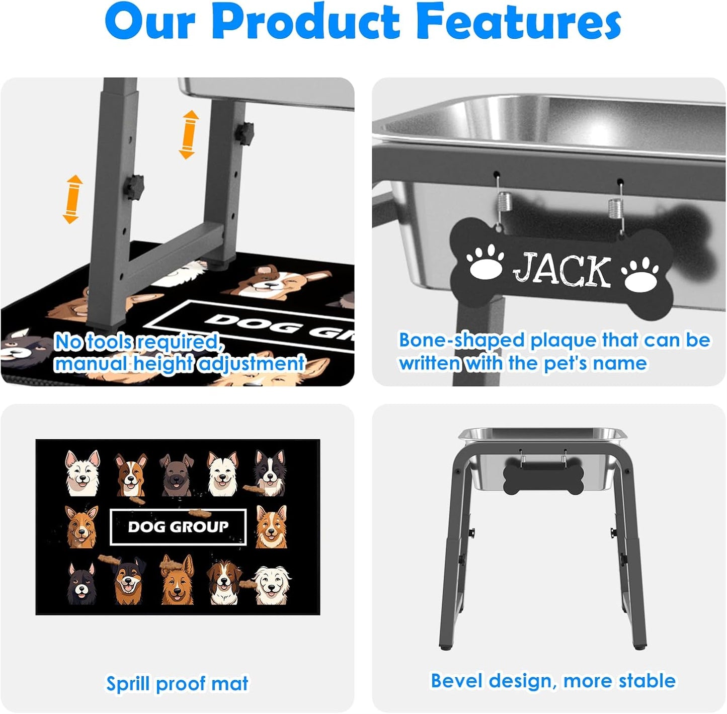 1.2 Gallon Elevated Dog Water Bowl, Height Adjustable (11–17'') Raised Stainless Steel Bowl with Spill-Proof Mat & Sturdy Metal Stand, Tip-Proof, Easy to Clean, Indoor & Outdoor Use