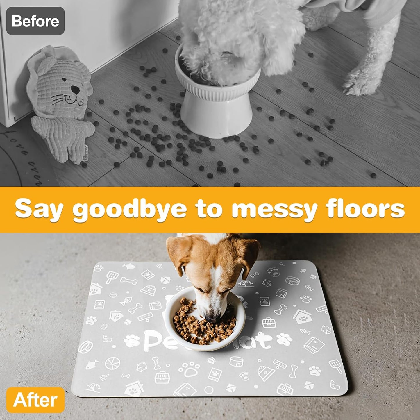 Pet Feeding Mat,Dog Cat Mat for Food and Water,Dog Bowl Waterproof Placemat with Rubber Backing,Absorbent Quick Dry Water Dispenser Mat for Pet（Light Gray 12"×18"）