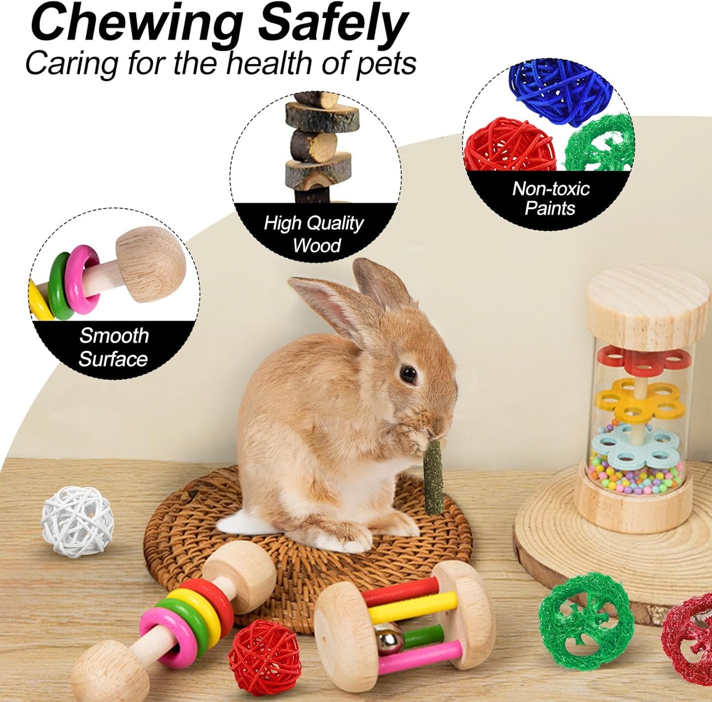 15PCS Rabbit Toys for Bunnies Boredom Enrichment with Chinchilla Hamster Rat Guinea Pig Bunny Toys for Rabbits Indoor Wooden Hanging Bunny Rabbit Chew Toy for Teeth Keep Busy Grass Sticks Treat Balls