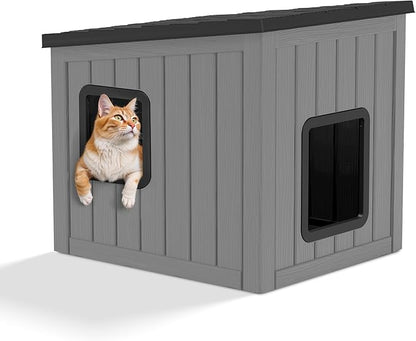 KAMABOKO Outdoor Cat House, Outside Multiple Kitty Feral Cat Houses, Weatherproof Shelter for Ferrel Cats and Dogs, Durable PP Material, Sloping Roof (Gray & Black)