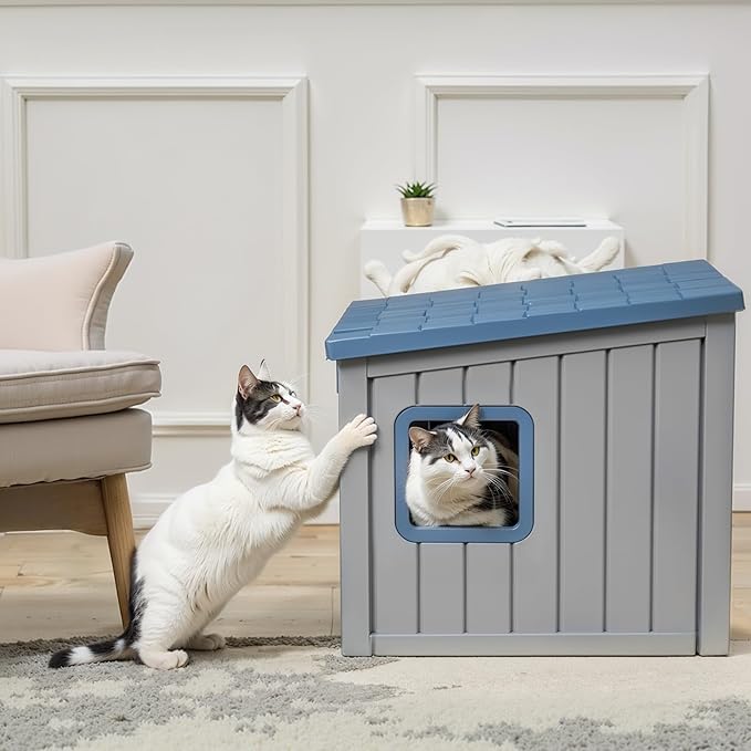DRATO Outdoor Cat House,Waterproof PP Material Cat Houses for Feral Cats,Robust and Easy to Assemble,Feral Cat Shelter for Winter,Suitable for Cats, Rabbits and Other Small Animals (Blue, Small)