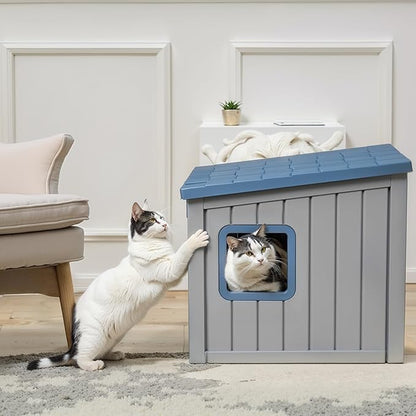 DRATO Outdoor Cat House,Waterproof PP Material Cat Houses for Feral Cats,Robust and Easy to Assemble,Feral Cat Shelter for Winter,Suitable for Cats, Rabbits and Other Small Animals (Blue, Small)
