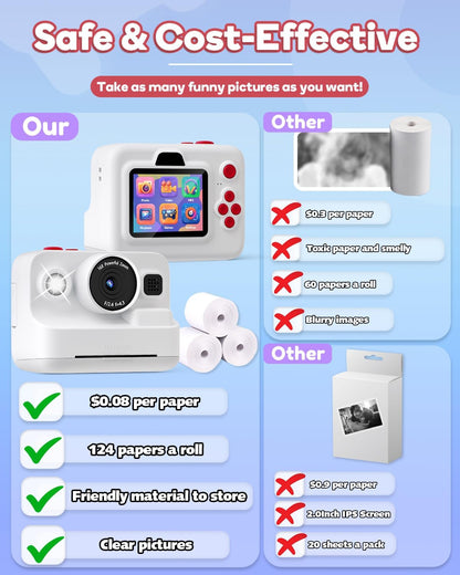 Instant Print Camera for Kids,2.4 Inch Screen Kids Instant Cameras, Christmas Birthday Gifts for Girls Age 3-12, Portable Toddler Toy for 3 4 5 6 7 8 9 10 Year Old Girls Boys White