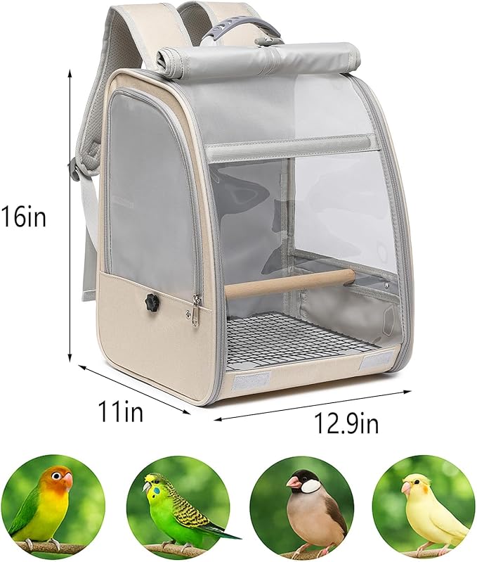 Bird Carrier Backpack, Portable Travel Bird Cage with Standing Perch, 2 Feeder Cups, Iron Mesh Stand & Removable Tray Lightweight, Breathable Mesh Window for Parrot Carrier，Easy Clean (Cream)