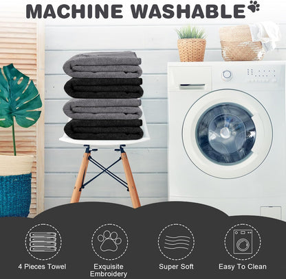 Chumia 4 Pack Dog Towels for Drying Large Microfiber Grooming Tools Absorbent Soft Bath Supplies with Embroidered Paw for Small Medium Pet Products(16 x 32 Inch,Gray, Black)
