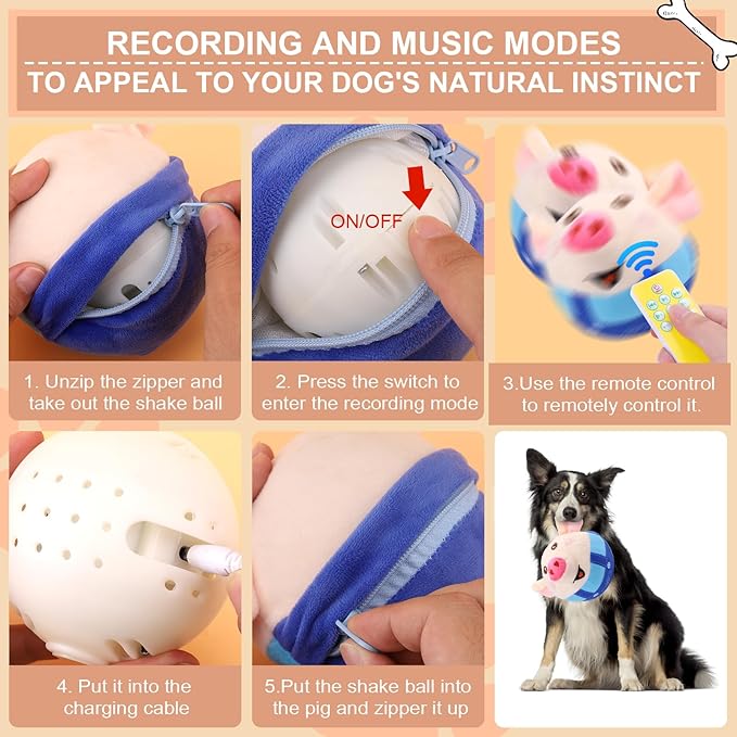 BABORUI Blue Pig Interactive Dog Toy, Remote Control Jumping Squeaky Toy with Recording & Music Modes, Rechargeable Moving Dog Chew Toy for Small/Medium/Large Dogs