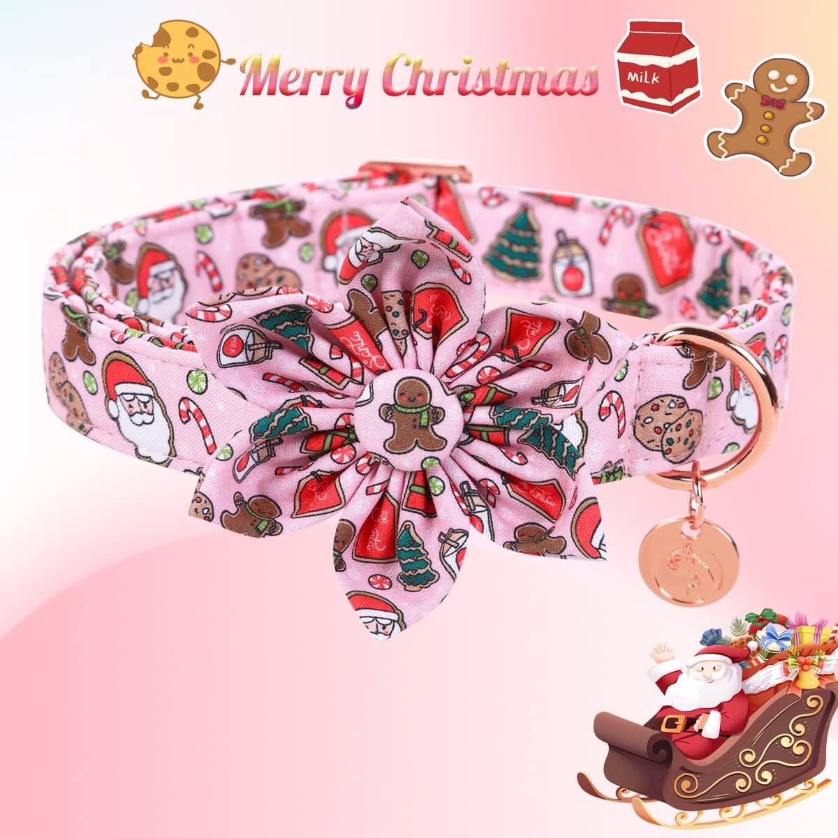 DOGWONG Christmas Dog Collar with Flower, Pink Santa Claus Dog Collar Gingerbread Man Soft Durable Adjustable Cotton Cute Girl Puppy Collar for Small Medium Large Dog