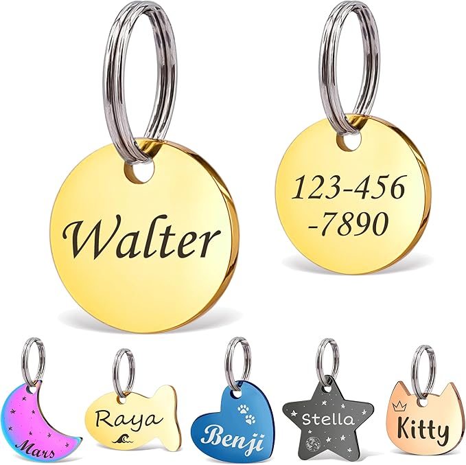 Anavia Small Size Dog Cat ID Tags, Small/XS Personalized Color Plated Stainless Steel Puppy Kitten Name Tags, Customized Engraved Nameplate Pet Collar Tag (Gold, XS-Round)