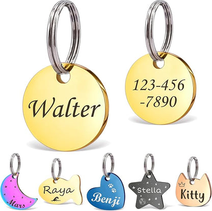 Anavia Small Size Dog Cat ID Tags, Small/XS Personalized Color Plated Stainless Steel Puppy Kitten Name Tags, Customized Engraved Nameplate Pet Collar Tag (Gold, XS-Round)