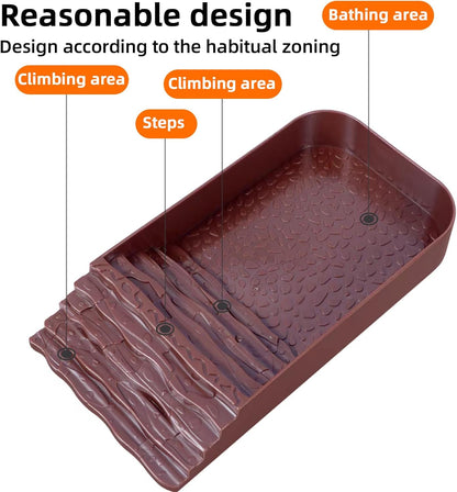 3 PCS Reptile Water Dish with Climbing Ramp, Leaf Reptile Water Bowl, Amphibians Habitat Brown Tortoise Water Dish for Turtle, Gecko, Snake, Bearded Dragon, Lizard