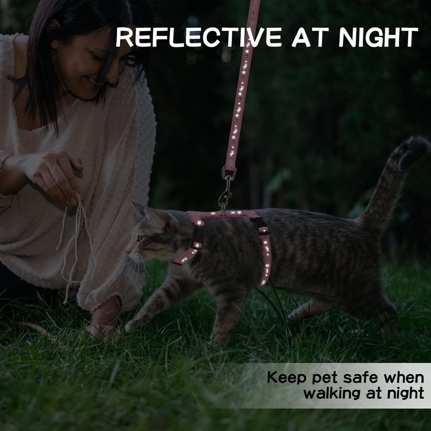 PAWCHIE Cat Harness with Leash and Collar Set - Escape Proof Adjustable H-shped Cat Harness with Star and Moon Pattern Glow in The Dark for Kitty Outdoor Walking, Pink M