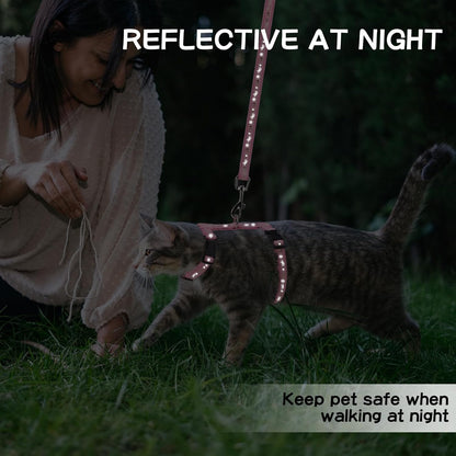 PAWCHIE Cat Harness with Leash and Collar Set - Escape Proof Adjustable H-shped Cat Harness with Star and Moon Pattern Glow in The Dark for Kitty Outdoor Walking, Pink M