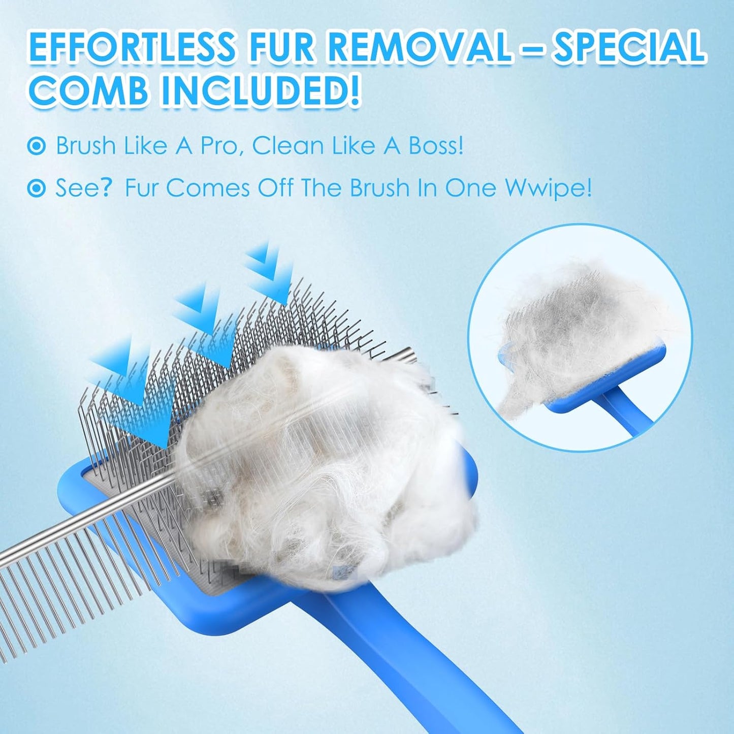 Large Dog Slicker Brush & Comb Set with Leather Sleeves - Long Pin Deshedding Brush for Golden Retrievers, Poodles, Doodles & Thick Coats, Wood Handle Pet Grooming Kit for Dogs, Cats. Blue