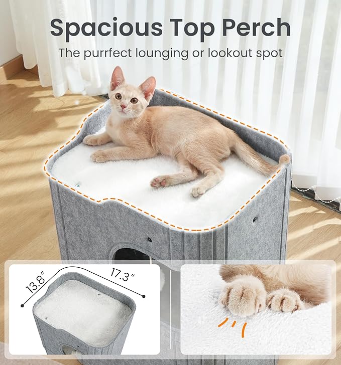 Made4Pets Cat House for Indoor Use, 2-Storey Cube Bed Cave, Covered Hideaway Condo with Scratch-Resistant Felt, Foldable Easy-to-Clean Design for Multi-Cat Homes, Grey