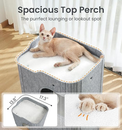 Made4Pets Cat House for Indoor Use, 2-Storey Cube Bed Cave, Covered Hideaway Condo with Scratch-Resistant Felt, Foldable Easy-to-Clean Design for Multi-Cat Homes, Grey