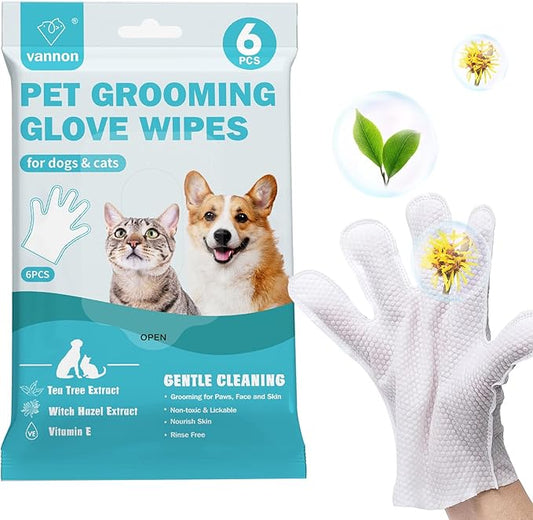 Vannon Extra Thick Pet Bathing Wipes for Dogs & Cats, Cleaning & Odor-Controlling Grooming Gloves, Nourish Fur Glove Wipes for Daily Care and Traveling, Rinse Free, Unscented, 6 PCS