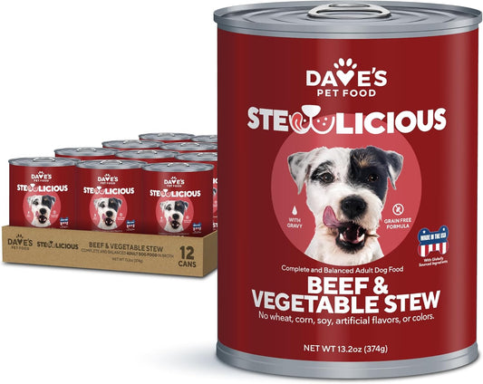 Dave's Pet Food Stewlicious Grain Free Wet Dog Food (Beef & Vegetable in Gravy), Made in USA Naturally Healthy Canned Gluten Free Dog Topper, 13.2 oz (12 Pack)