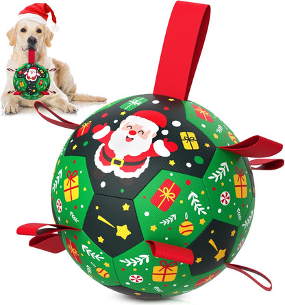 QDAN Christmas Dog Toys: Soccer Ball with Straps for Outdoor Play, Tug of War- Dog Birthday Gift, 8 Inch Balls for Medium & Large Dogs