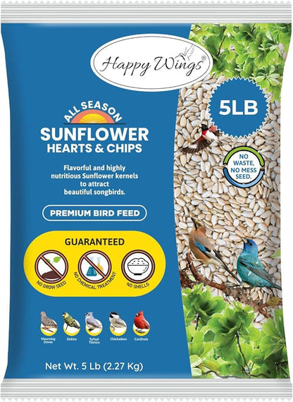 Happy Wings Sunflower Hearts & Chips - Sunflower Kernels and Chips Bird Food - 5 Lb No Mess, No Waste I No Grow Seed | Bird Seed for Wild Birds