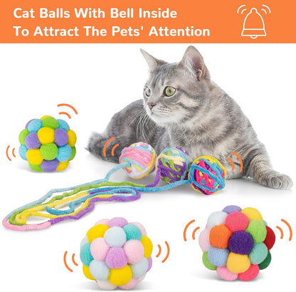 Retro Shaw 6Pcs Cat Toys Balls, Wool Yarn Cat Ball with Bell Inside, Interactive Kitten Toys for Indoor Cats Kitty Chew Kick, Colorful Soft Fuzzy Pet Toy Ball with String