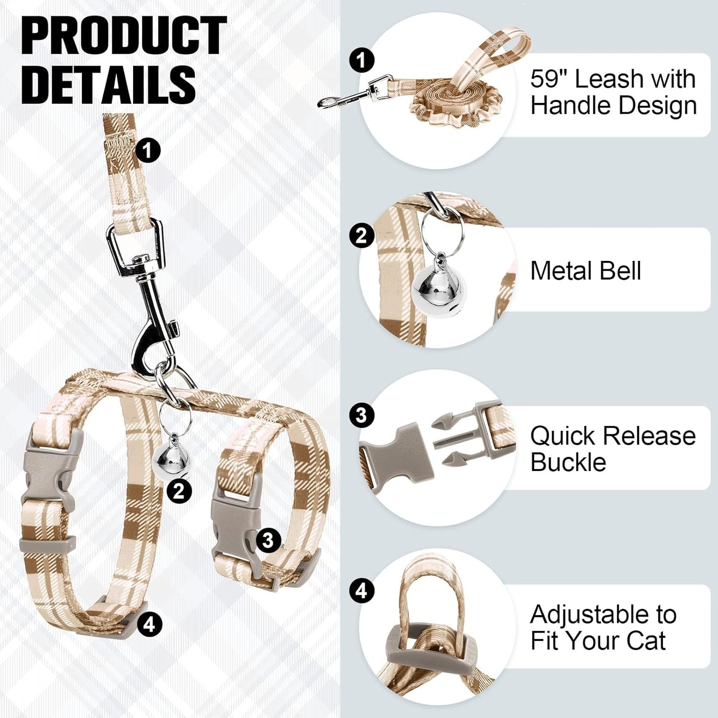 BEAUTYZOO Cat Harness and Leash Set Escape Proof for Walking, Kitten Soft Adjustable Vest Harnesses for Small Medium Large Cats, Easy Control Breathable Plaid Ribbon Nylon for Outdoor Indoor Use