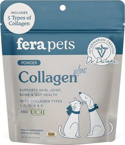 Fera Pets Cat & Dog Collagen Powder - Bone, Gut, Joint and Skin Supplement - 5 Types of Collagen + Clinically Studied UC-II® - 4.23 oz