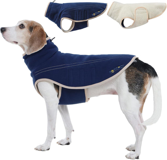 ROZKITCH Reversible Dog Jackets for Large Dogs, Thick Fleece Sherpa Sweater with Leash Hole & Embroidery, Adjustable Double-Sided Plush Sweatshirt for Medium Large Breeds DarkBlue XL
