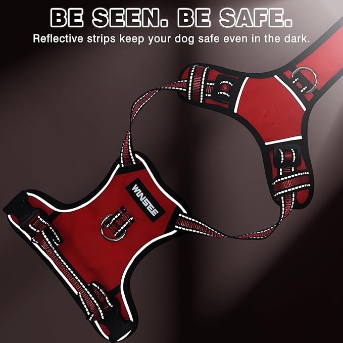 WINSEE Dog Harness No Pull, Pet Harnesses with Dog Collar, Adjustable Reflective Oxford Outdoor Vest, Front/Back Leash Clips for Small, Medium, Large, Extra Large Dogs, Easy Control Handle for Walking