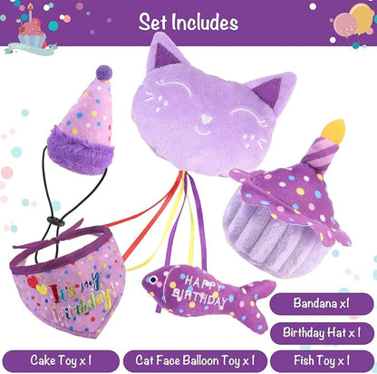 BINGPET Cat Birthday Catnip Toys for Indoor Cats,Cat Birthday Hat,Bandana and Cat Birthday Cake Interactive Plush Kitten Chew Toys,Cute Fish,Balloon Toys with Crinkle Paper and Catnip Inside(Purple)