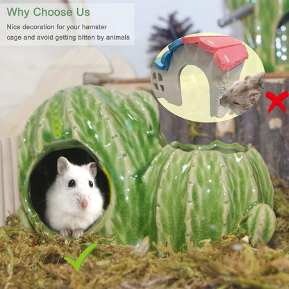 Ceramic Hamster Hideout, Dwarf & Syrian Hamster Hut with Double Doors, Anti-Bite Hideaway House for Mice & Gerbils (Light Green)