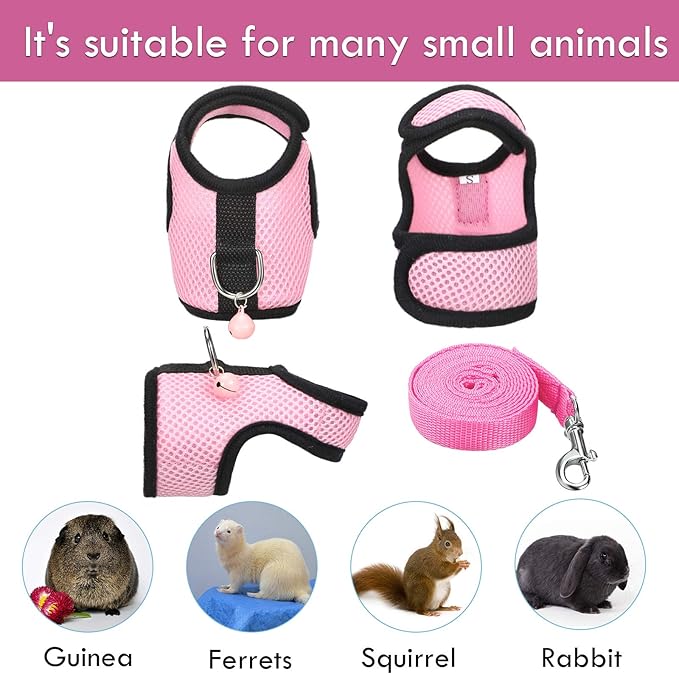 SATINIOR 2 Pieces Guinea Pig Clothes Baby Ferret Rats Hamster Soft Mesh Harness Leash Vest Set with Bell for Guinea Pigs, Hamster, Ferret, Rabbit, Chinchilla and Similar Small Animals(Pink, Blue, S)