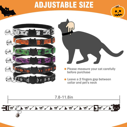 PUPTECK Halloween Cat Collar with Bell 6 Packs Breakaway - Soft Adjustable Kitten Kitty Collars for Small Pet Puppy Bunny with Safety Release Buckle