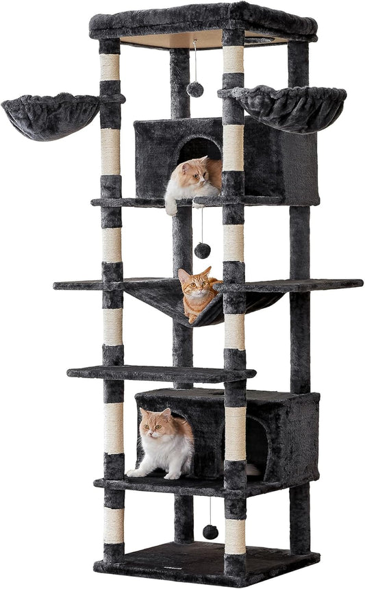 MWPO Extra Large Cat Tree, 77.6-Inch Tall Cat Tower for Indoor Cats with 2 Condos, Multi-Level Cat Stand for Large Cats, 3 Hammocks, Wide Perch, Scratching Posts, Dangling Toys, Smoky Grey
