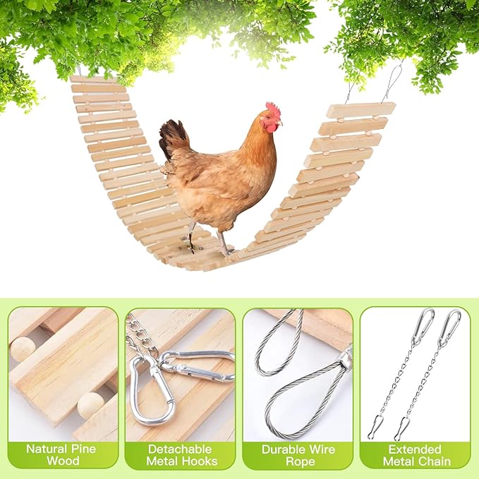 Chicken Coop Toy Natural Wooden Chicken Swing & Bridge Toys Multi-Functional Poultry Perch with Wooden Beads (Safe for Chickens/Ducks)