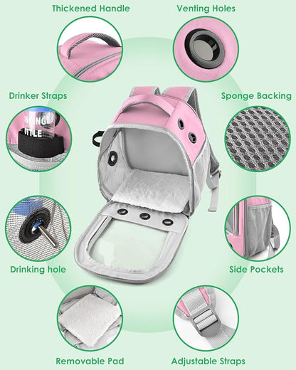 Guinea Pig Carrier Backpack, Portable Rabbit Travel Carring Bag for Pet Bunny Chinchilla Bearded Dragon Hamster Parrot Outgoing Pouch Case with Water Bottle Holder & Detachable Pad (Pink)