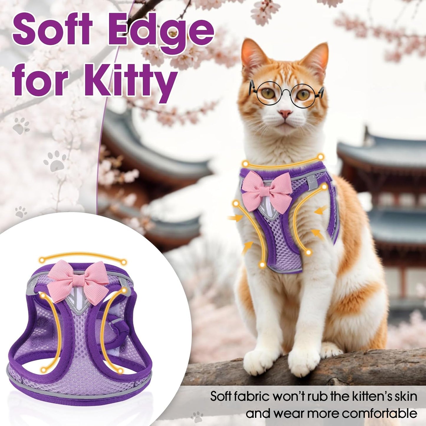Cat Harness and Leash Set for Walking Escape Proof, Adjustable Kitten Harness Breathable Mesh with Reflective Strips Harness for Kitty Puppy Bunny Purple,Large