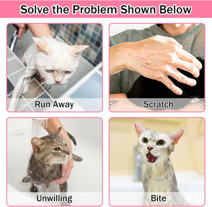 JULMELON Cat Washing Bag 10 PCS Set, Adjustable Cat Shower Net Bag and Pet Grooming Brush with Nail Clipper Nail File Hair Combs Tick Tool Nail Caps for Bathing Nail Trimming Examination(Pink+Grey)