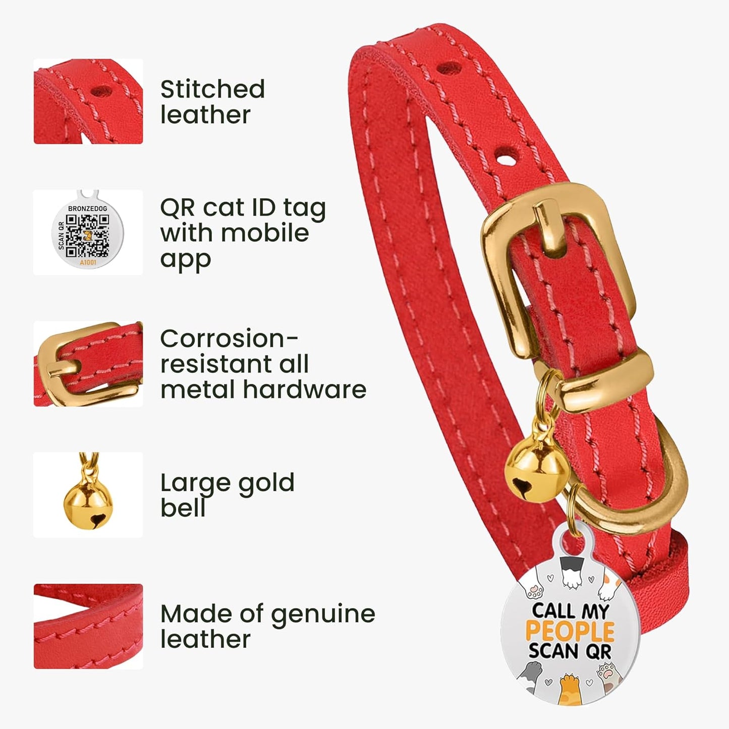 BRONZEDOG Leather Cat Collar with Removable Bells Non Breakaway Kitten QR Tag for Girl Boy (9" - 12" Cats/Mini Dogs, Red & Gold)