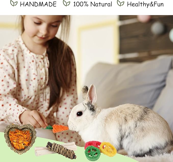 VESPRO Bunny Toys, 21PCS Rabbit Chew Toys for Teeth, Guinea Pig Natural Treats, Timothy Hay Sticks for Chinchillas Hamsters Rats, Small Animals Teeth Grinding