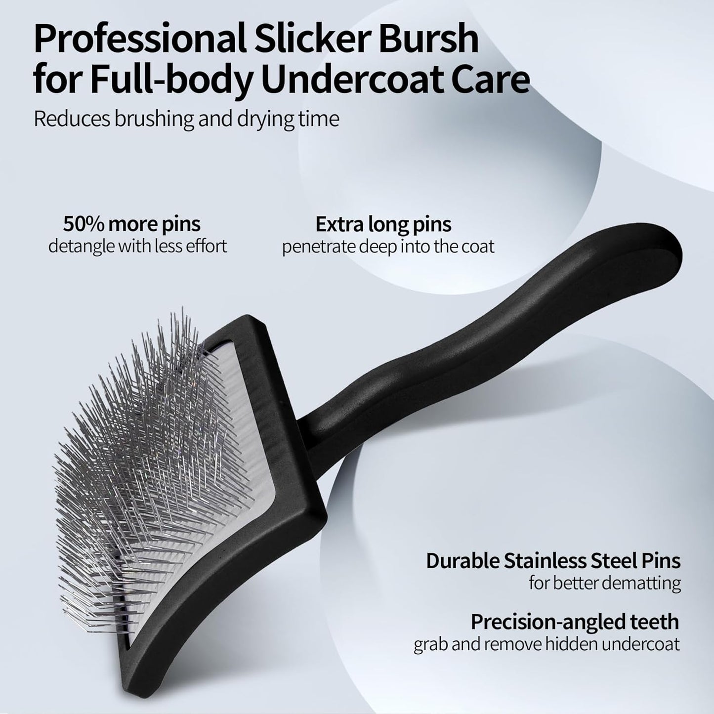 Pet Slicker Brush for Long & Short Hair - Detangling Tool for Dogs & Cats - 135° Angled Stainless Steel Pins, Curved Handle - Gentle Grooming for Small/Medium/Large Breeds (Black)