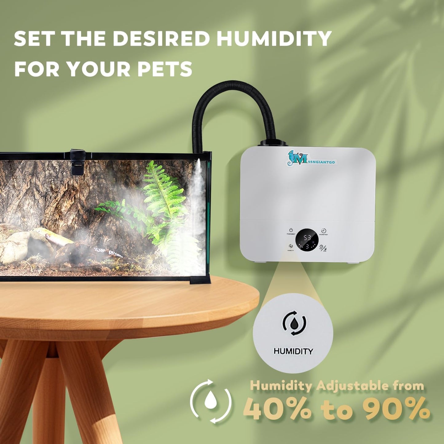 Moongiantgo Reptile Humidifier with Humidity Control, 3 Gears Adjustable Fog, Timing Function, Reptile Terrarium Fogger with 2.5L Tank and Extended Hose for Reptiles Lizard Gecko Snake Plants