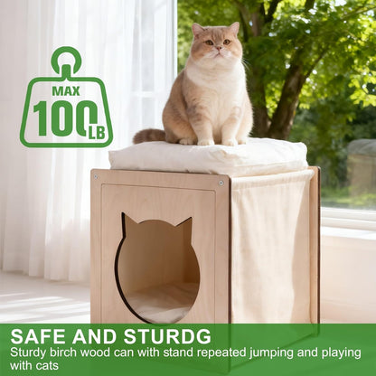 Cat House for Indoor Cats,Wooden Large Cat Bed Cave with 2 Soft Cushion,Warm Cozy Pet Hideaway for Kittens & Big Cats,17.7"x16.9"x19.68" Natural
