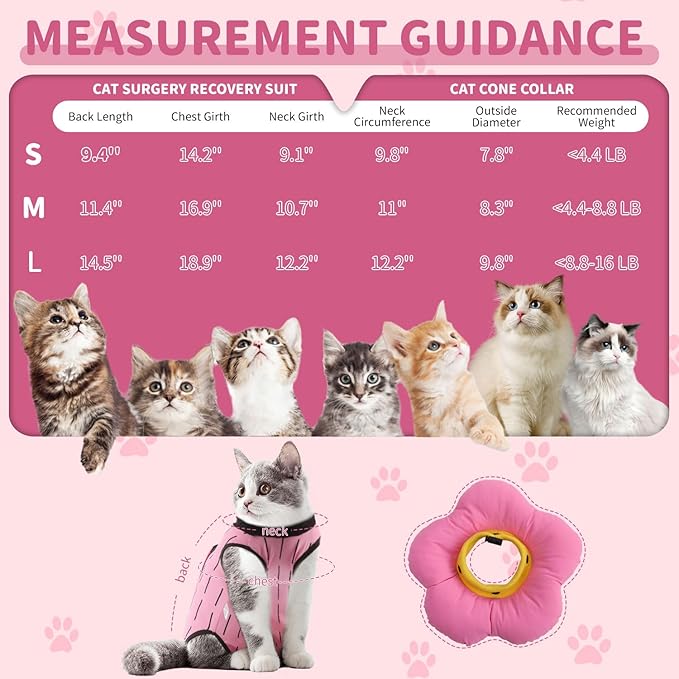 EMUST 2PCS Cat Recovery Suit and Cat Cone Collar Female, Cotton Breathable Cats Spay Recovery Suit, Adjustable Cute Flower Neck for Cats 8-16lb(Pink, L)