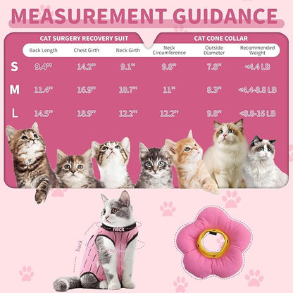 EMUST 2PCS Cat Recovery Suit and Cat Cone Collar Female, Cotton Breathable Cats Spay Recovery Suit, Adjustable Cute Flower Neck for Cats 8-16lb(Pink, L)