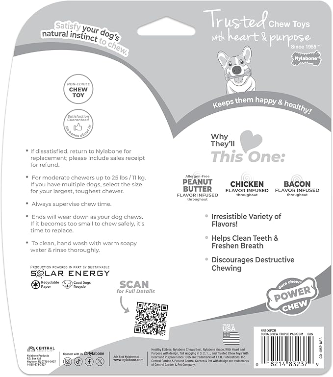 Nylabone Original Bone Power Chew Toy Value Pack for Dogs, Durable Dog Toys for Aggressive Chewers, Long Lasting Chicken, Bacon, and Peanut Butter Flavor, Small Dogs - Up to 25 Ibs, 3 Pack
