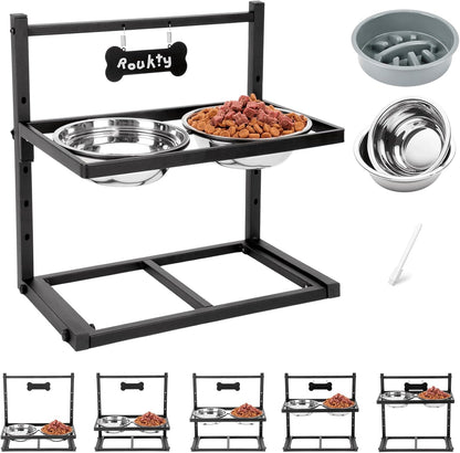 Elevated Dog Bowls with Slow Feeder Dog Bowls, 5 Height Adjustable Raised Bowl Stand with 2 Stainless Steel Food & Water Container, Pet Bowl Elevated for Medium Large Pet