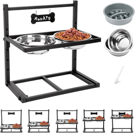 Elevated Dog Bowls with Slow Feeder Dog Bowls, 5 Height Adjustable Raised Bowl Stand with 2 Stainless Steel Food & Water Container, Pet Bowl Elevated for Medium Large Pet