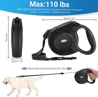 Retractable Dog Leash, 26 Ft Heavy Duty Pet Walking Leash for Small Medium Large Dogs up to 99lbs, Anti-Slip Handle, 360 ° No Tangle, Nylon Tape, One-Handed Brake